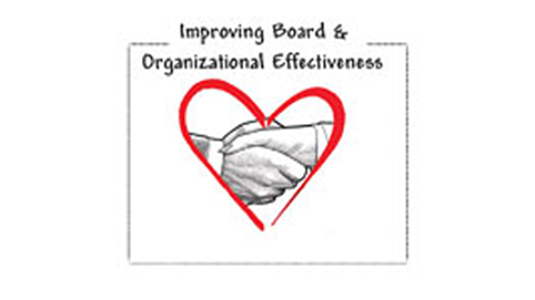 logo of two black/white/grey hands shaking inside of a red heart titled improving board and organizational effectiveness