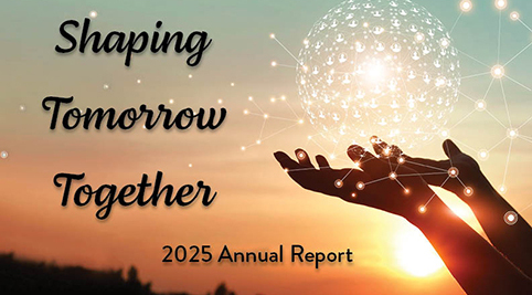 Cover image of annual report with sunrise in the background, hands holding a globe made from network connections, and SRDC logo, with text: Southern Rural Development Center, Shaping Tomorrow Together, 2025 Annual Report