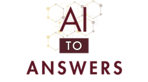 Graphic logo featuring burgundy text “AI TO ANSWERS” over a faint neural-network design