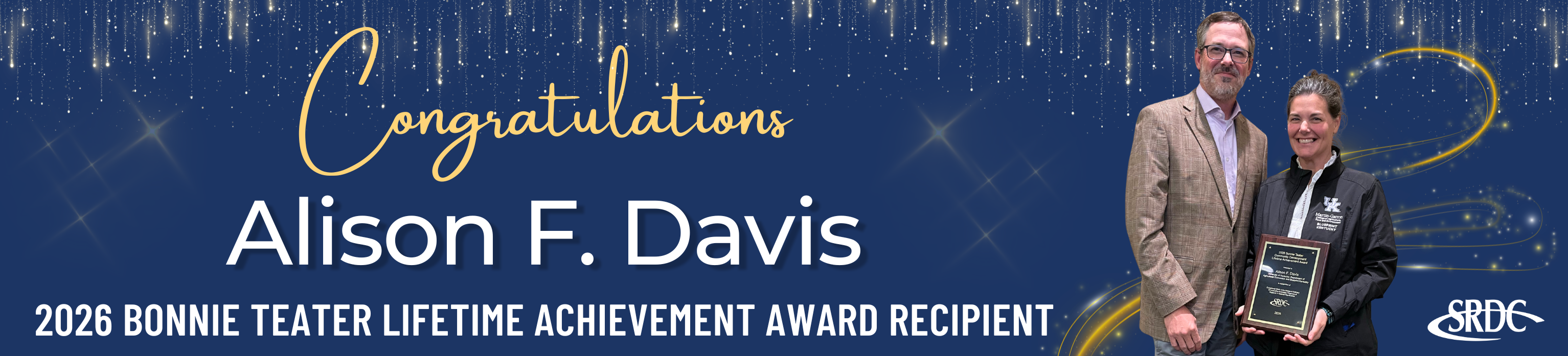 banner graphic with text stating "congratulations alison f. davis 2026 bonnie teater lifetime achievement award recipient