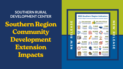 navy blue, green, royal blue graphic with text 'new release, southern region community development extension impacts'